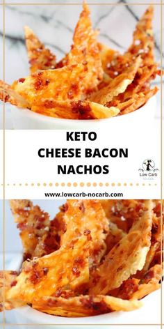 keto cheese bacon nachos on a white plate with text overlay that says keto cheese bacon nachos