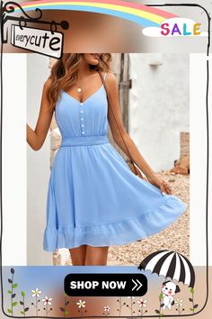 Light Blue Button Detail Slim Waist Casual Sundress Sundress Women, Casual Sundress, Slim Waist, Mini Dresses, Women Dresses, Button Detail, Sundress, Dresses Mini, Light Blue