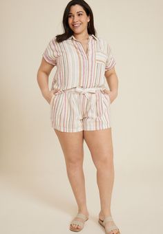 Plus Size Striped Linen Belted High Rise 4in Short - Materials & Care:imported - 55% linen 45% rayon - machine wash Loose Shorts Plus Size, Maurices Plus Size, Shorts Plus Size, Bright Winter, Pocket Belt, Color Analysis, Loose Shorts, List Style, A Plus