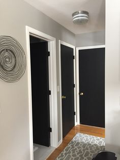 two black doors in a white room with a gray and white rug on the floor