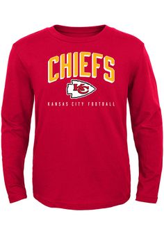 Kansas City Chiefs Toddler Red Arched Standard Long Sleeve T-Shirt - 133402587 Fall Fan Apparel T-shirt With Logo Print, Game Day Logo Print T-shirt For Fall, Red Fan Apparel T-shirt For Fall, Long Sleeve Cotton T-shirt For Fans, Red T-shirt For Fall Fan Merchandise, Game Day Graphic Tee With Long Sleeves, Red Long Sleeve T-shirt With Letter Print, Red Cotton T-shirt For Fall, Long Sleeve Screen Print T-shirt For Game Day