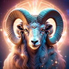 a ram with large horns standing in front of a star filled sky and glowing stars