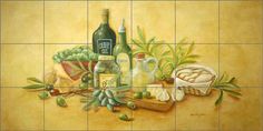 a painting of some food and wine on a tile wall