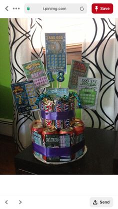 a birthday cake made to look like it is stacked on top of each other with soda cans