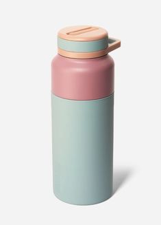 thermos bottle in pastel blue and pink is shown on a white background