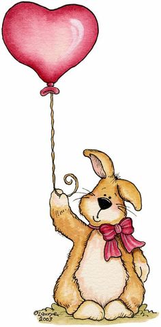 a drawing of a bunny holding a heart shaped balloon in the air with it's paws