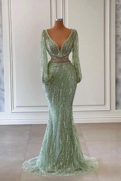 Light Green Long Sleeves Sequins Beadings Mermaid Evening Dress With V-Neck |Ballbellas Long Sleeved Green Prom Dress, Light Green Mermaid Dress, Light Green Prom Dress Long Sleeve, Sage Green Prom Dress Long Sleeve, Sage Green Sequin Dress, Sage Green Prom Dress Black Women, Light Green Dress Outfit Wedding, Sage Green Prom Dress Long, Light Green Wedding Dress