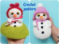 two crocheted snowmen with hats and scarves