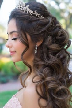 Wedding Hairstyles With A Crown, Half Updo With Tiara, Dark Hair Half Up Half Down Wedding, Up Dos For Quinceanera Hair Ideas, Half Up Half Down Hair With Tiara, Mom Of Quinceanera Hair, Half Up Half Down Wedding Hair With Crown, Prom Hairstyles With Crown, Girls Hairstyles For Weddings