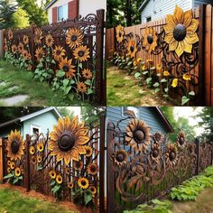 sunflowers are painted on the side of a fence and in front of a house