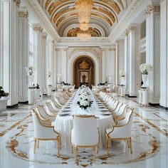 an elegant dining room with white and gold decor