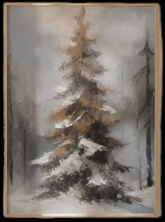 a painting of a pine tree in the snow