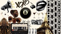 collage of various items including an audio cassette, sunglasses, and other things in black and white