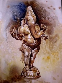 a painting of an elephant god in gold and silver with watercolors on paper