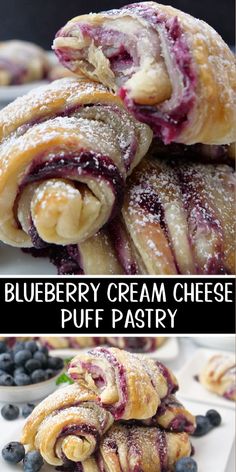 blueberry cream cheese puff pastry is stacked on top of each other