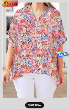 Multicolor Floral V Neck Half Sleeve Plus Size Blouse Multicolor Split Neck Top For Spring, Multicolor Split Neck Casual Top, Casual Multicolor Split Neck Top, Casual Colorful Floral Print Blouse, Casual Colorful Floral Blouse, Pink Short Sleeve Blouse With Colorful Pattern, Pink Blouse With Colorful Pattern And Short Sleeves, Multicolor Floral Print Blouse With Split Neck, Summer Multicolor Split Neck Tops