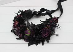 "Flower accessories are decorated with fabric and leaves. Size of flower crown - 19\"( 48 cm) Thanks for visiting!!" Black Flower Crown Wedding, Goth Flower Crown, Gothic Flower Crown, Steph Aesthetic, Goth Wedding Hair, Dark Wedding Aesthetic, Wicca Wedding, Purple Black Wedding, Black Flower Crown