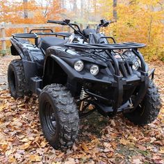 an atv is parked on leaves in the woods