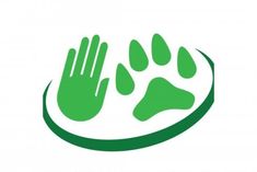 the logo for an animal sanctuary with green hands and paw prints on it's side