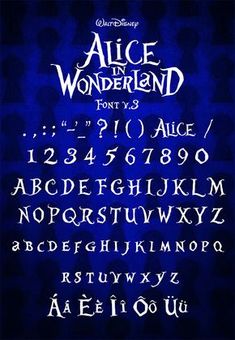 the font and numbers for alice and wonderland, written in white on a blue background