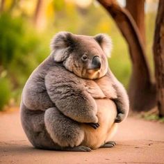 a koala bear sitting on its back in front of a tree