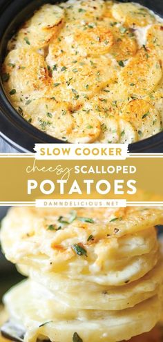 SLOW COOKER CHEESY SCALLOPED POTATOES Butter Potatoes Crockpot, Things To Make In Crockpot, Dinner Sides Crockpot, Potatoes In Slow Cooker Crockpot Recipes, Healthy Potato Crockpot Recipes, Side Crockpot Dishes, Slow Cooker Side Dish Recipes, Crock Pit Dinner, Easter Potatoes Recipes Crockpot