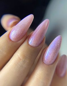 February Almond Nails Ideas, Pink Holographic Nail Designs, Irridescent Nails Pink, Shimmer Pink Nails, Pink Glitter Almond Nails, Nails Almond Pink, Chic Almond Nails, Moonstone Nails, Pink Shimmer Nails