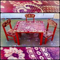 two pictures of a table and chairs with different patterns on the rug in front of them