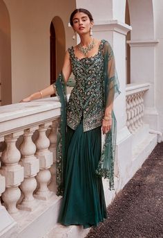 Sanya Gulati-Teal Green Embroidered Sharara Set-INDIASPOPUP.COM Green Sharara Suit, Blue Sharara, Green Sharara, Embroidery Tassels, Gharara Designs, Embroidered Sharara, Indian Bridesmaids, Sharara Pants, Short Shirt