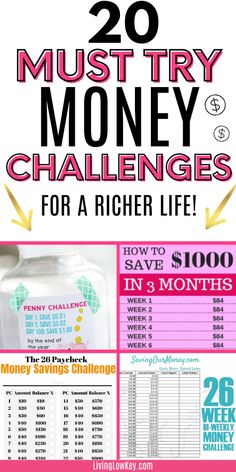 the 20 must try money challenge is shown in pink and white with text overlay