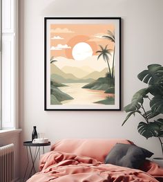 a bedroom scene with a bed, plant and poster hanging on the wall above it