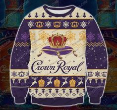 the crown royal sweater is shown in purple and gold