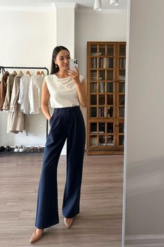 Corporate Work Wear Women, Summer Business Looks Women, Navy Slacks Outfit Women Work Attire, Summer Work Outfits Formal, Working Pants Women, Business Professional Outfits Shoes, Business Professional Pants, Slacks Summer Outfit, Dress Slacks Outfit Classy