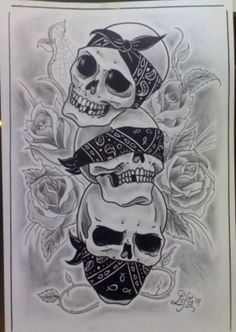 a drawing of three skulls with hats on their heads