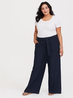 Tie Front Wide Leg Pant - Blue Crepe, VIVID BLUE Pant Outfits, Tops For Women Casual, Womens Cycling Clothes, 50th Clothing, Fashion Design Patterns, Big Girl Fashion, Plus Size Pants, Wide Leg Pant, Big Girl