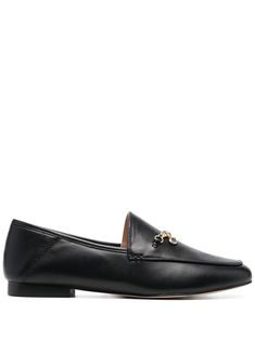 jet black calf leather chain-link detailing almond toe slip-on style branded leather insole stacked sole Leather Chain, Online Shopping Clothes, Leather Loafers, Jet Black, Get The Look, Chain Strap, Loafer Shoes, Chain Link, Calf Leather