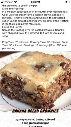 a recipe for banana bread brownies on a plate