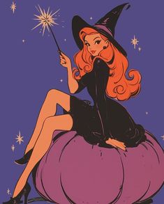 a woman sitting on top of a pumpkin wearing a witches hat and holding a wand