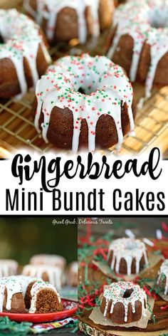 gingerbread mini bundt cakes with white icing and sprinkles