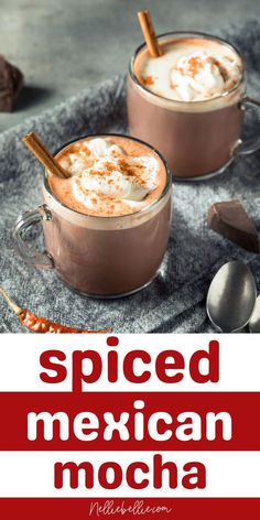 two mugs of spiced mexican mocha with cinnamon on top and the words spiced mexican mocha below