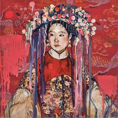 a painting of a woman wearing a headdress with flowers in her hair and an elaborate crown on her head