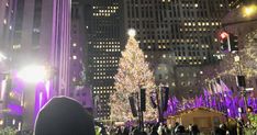 a large christmas tree is lit up in the city