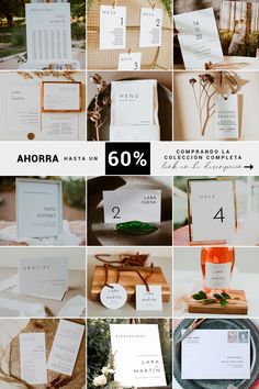 the collage shows different types of wedding stationery and place cards, with text on them