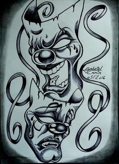 a black and white drawing of a clown with an evil look on it's face