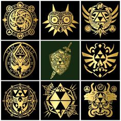 the legend of zelda's emblems are shown in gold on black background