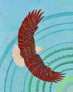 a painting of an eagle flying through the air with swirls and circles around it