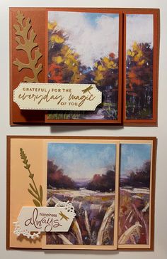 two greeting cards, one with an autumn scene