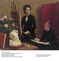 a painting of two women sitting at an easel and one woman standing in front of the easel