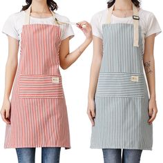 two women wearing aprons and one is holding a spoon