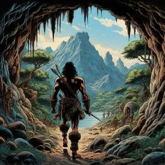 a painting of a man walking through a cave